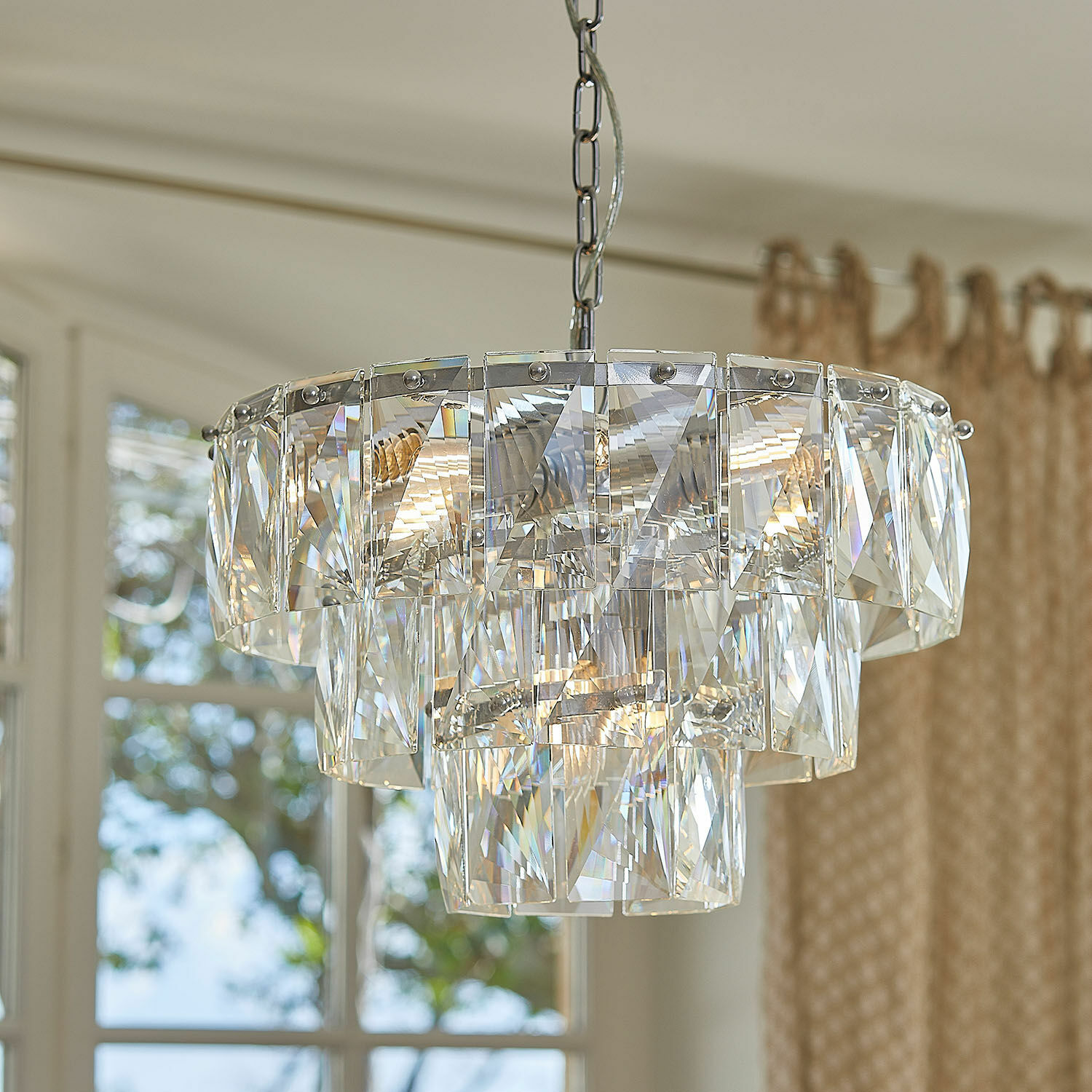 Lampadario Crystalford Lampadario in vetro trasparente con pannelli di cristallo, illuminazione moderna per soggiorno