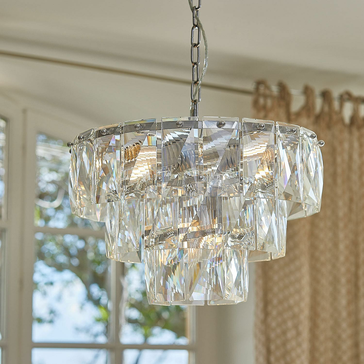 Lampadario Crystalford Lampadario in vetro trasparente con pannelli di cristallo, illuminazione moderna per soggiorno