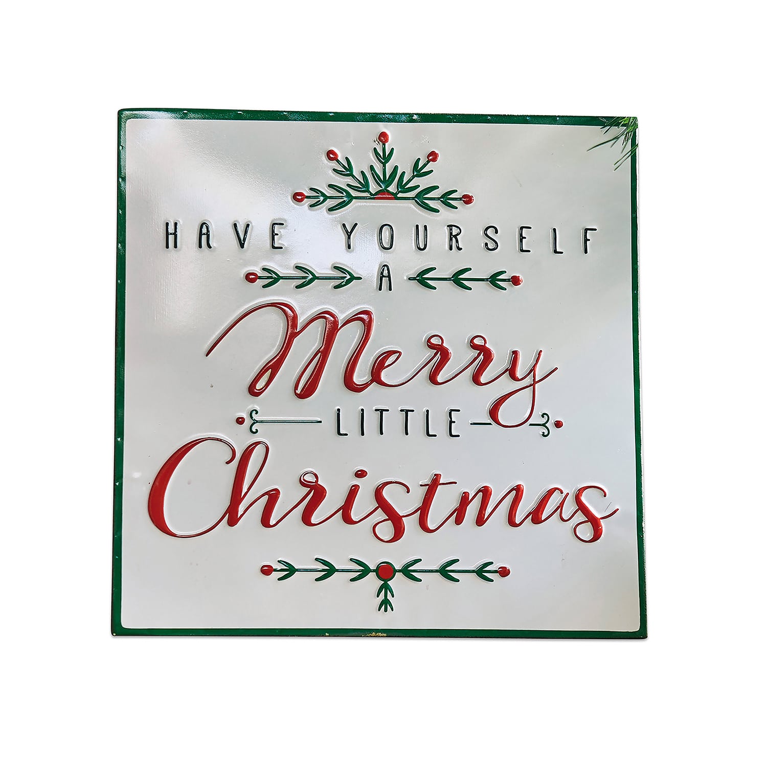 Decorazione natalizia in metallo bianco con scritta Merry Christmas rossa e verde