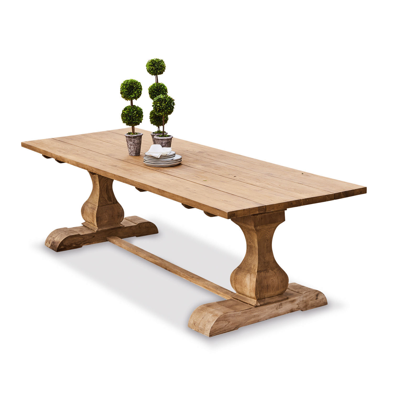 Tavolo Devonshire Grande tavolo in legno naturale con piante decorative sul piano, mobili da pranzo