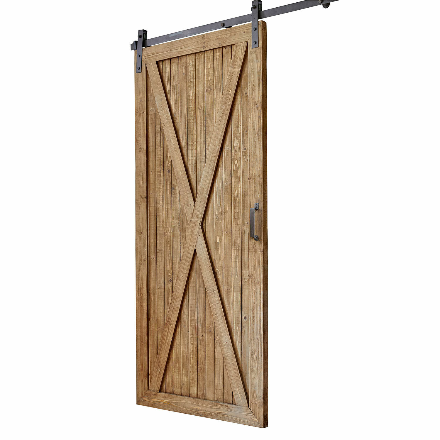 Porta scorrevole Conca Porta scorrevole in legno naturale con maniglia in metallo e sistema di binari nero per interni rustici