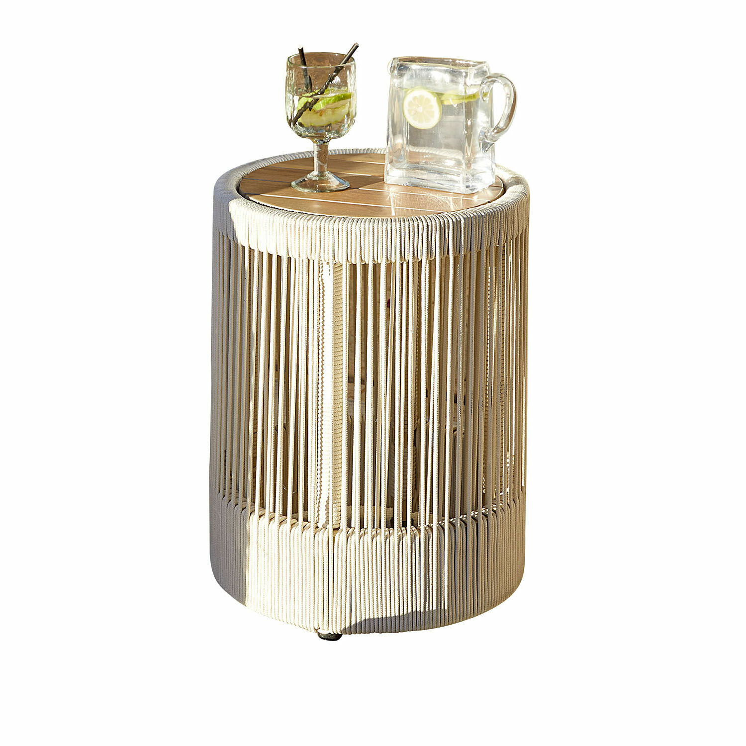 Tavolino di complemento Delor Tavolino rotondo in legno e corda beige, ideale per soggiorno e giardino