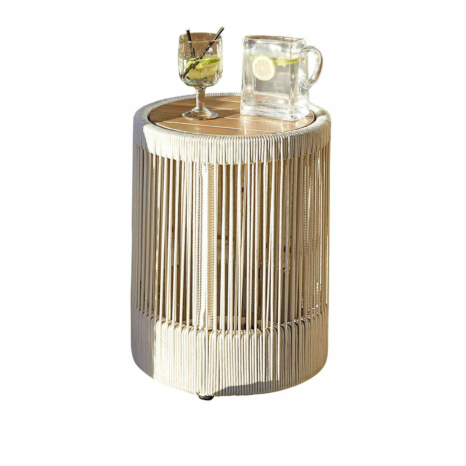 Tavolino di complemento Delor Tavolino rotondo in legno e corda beige, ideale per soggiorno e giardino