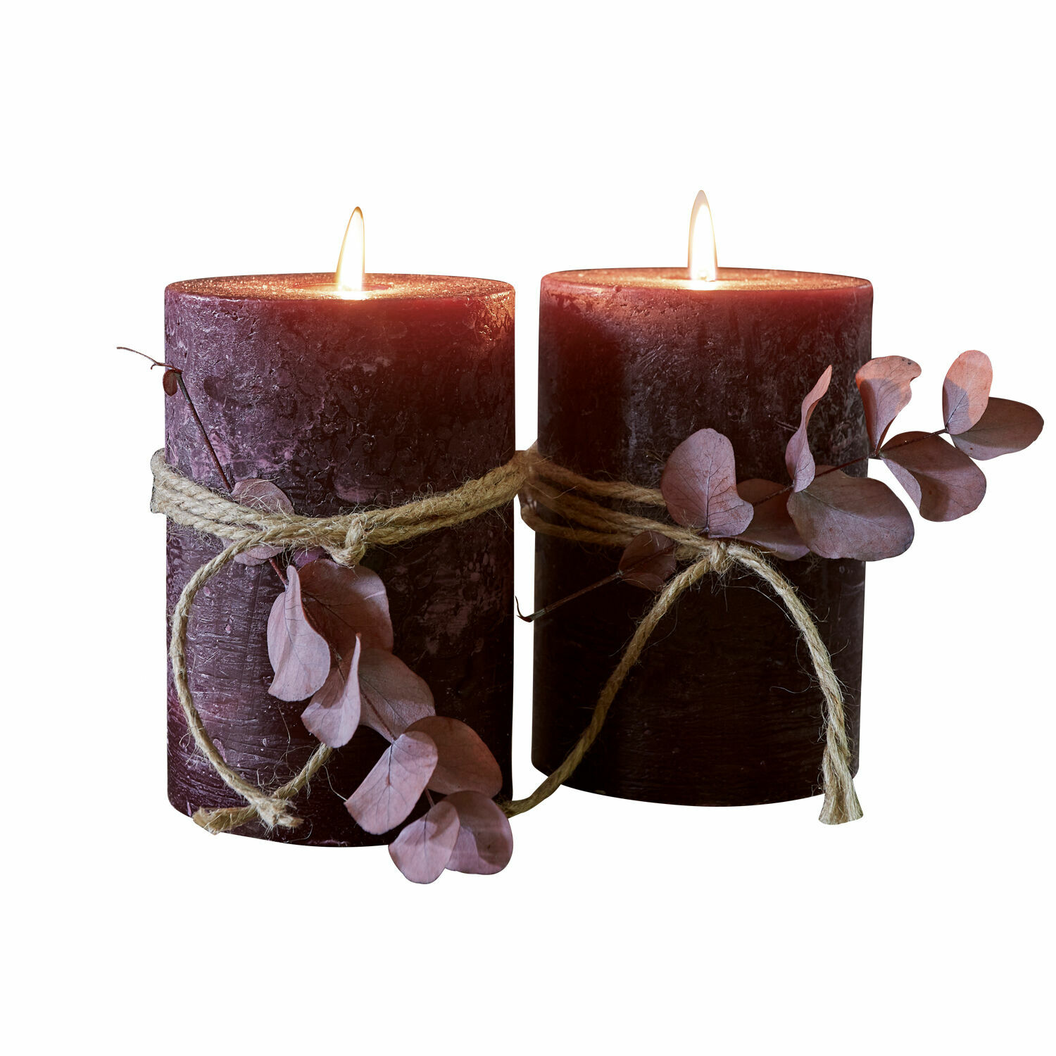 Coppia di candele Oviedo Due candele viola con corda naturale e foglie secche, decorazione per interni rilassante