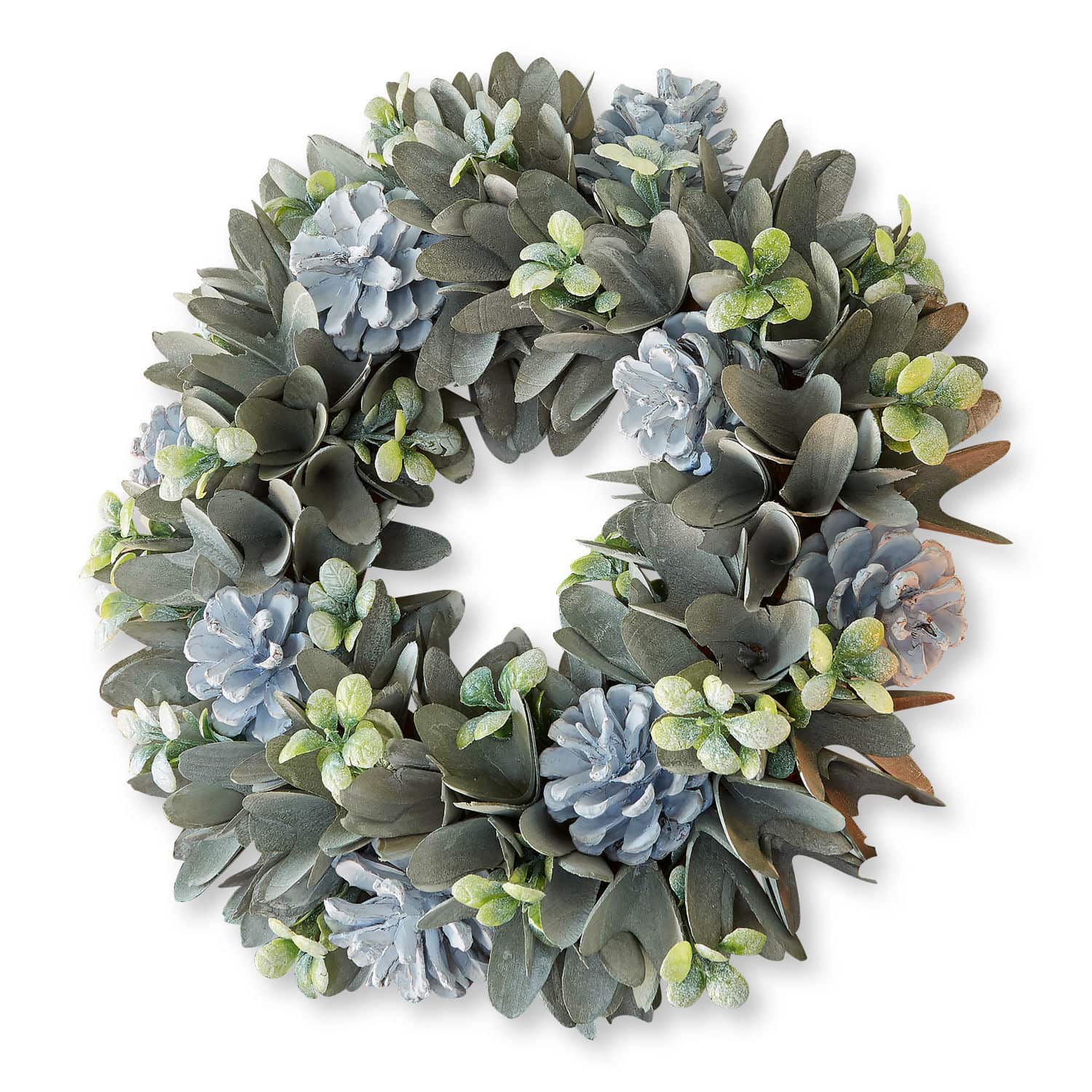 Ghirlanda Deinze Corona decorativa con pigne grigie e foglie verdi con effetto brina, decorazione natalizia