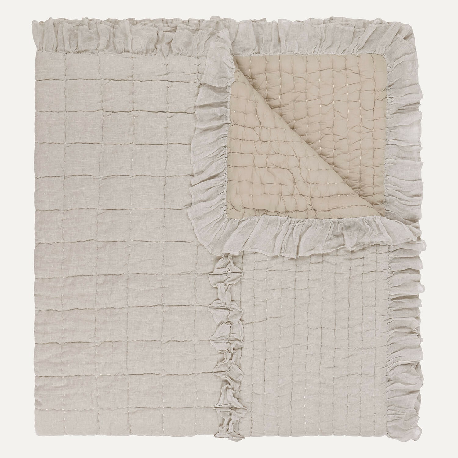 Trapunta Calennent Copriletto trapuntato beige in lino con volant, morbido e decorativo per la camera da letto