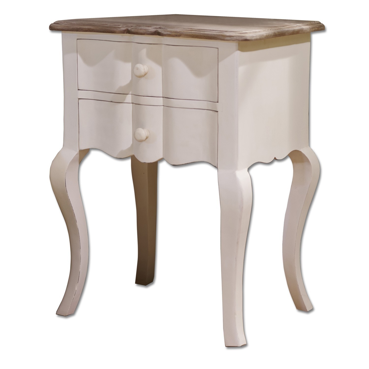 Tavolino di complemento Fairchild Comodino bianco in legno con due cassetti e piano in legno naturale, mobile vintage