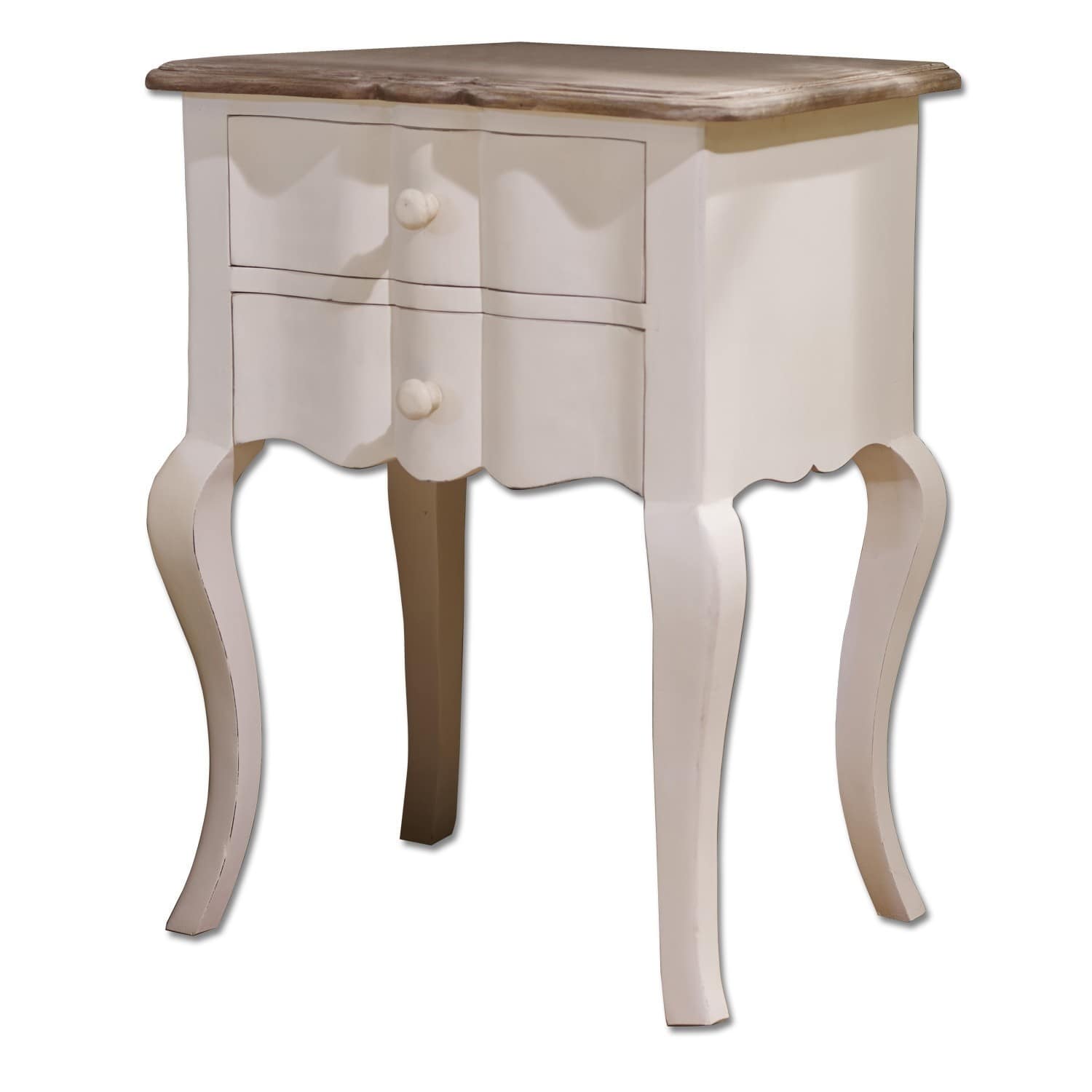 Tavolino di complemento Fairchild Comodino bianco in legno con due cassetti e piano in legno naturale, mobile vintage