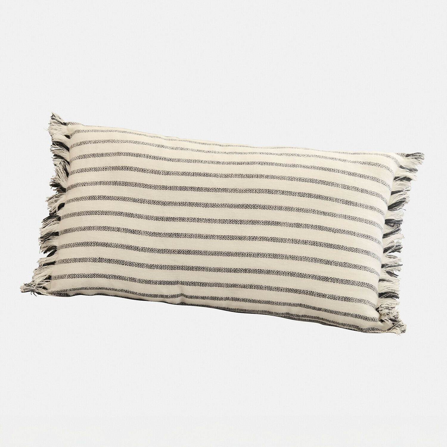 Copricuscino Ulderina Cuscino rettangolare in cotone beige con righe nere e frange, decorazione accogliente per il soggiorno