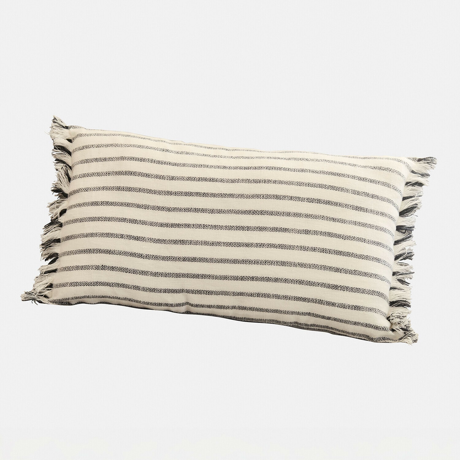 Copricuscino Ulderina Cuscino rettangolare in cotone beige con righe nere e frange, decorazione accogliente per il soggiorno