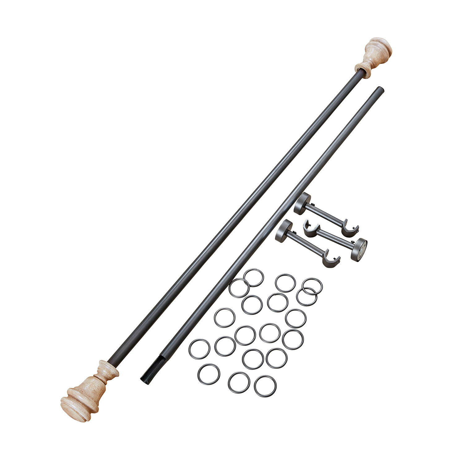 Bastone per tende Tiviano Set di bastoni in metallo con terminali in legno chiaro e anelli metallici per tende