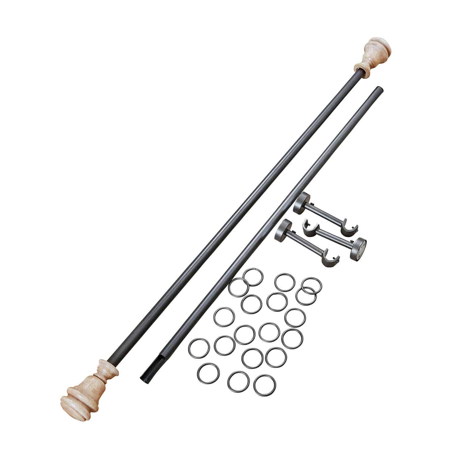 Bastone per tende Tiviano Set di bastoni in metallo con terminali in legno chiaro e anelli metallici per tende