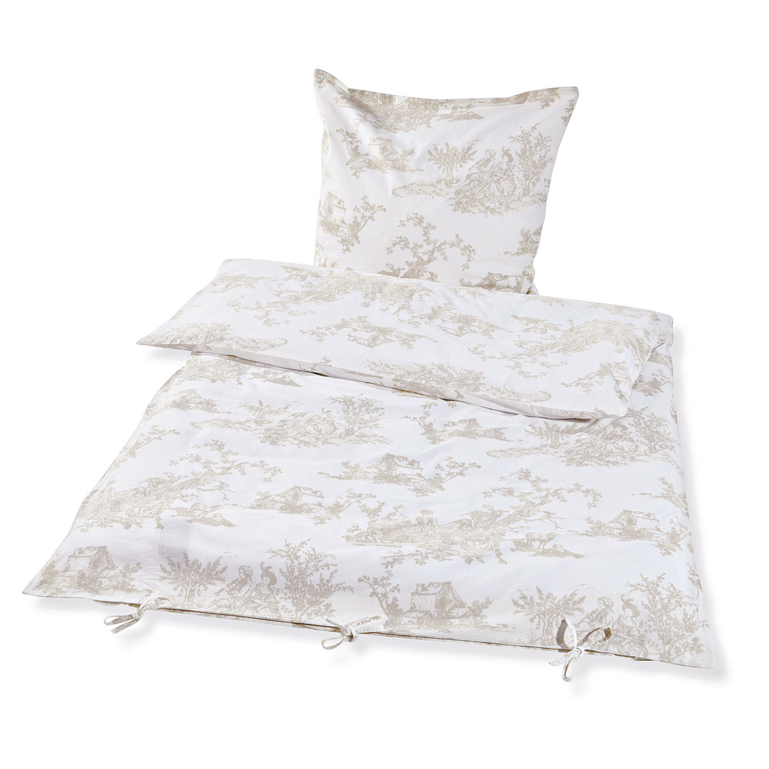 Biancheria da letto Pierrefeu beige in cotone con delicato motivo paesaggistico, morbida ed elegante