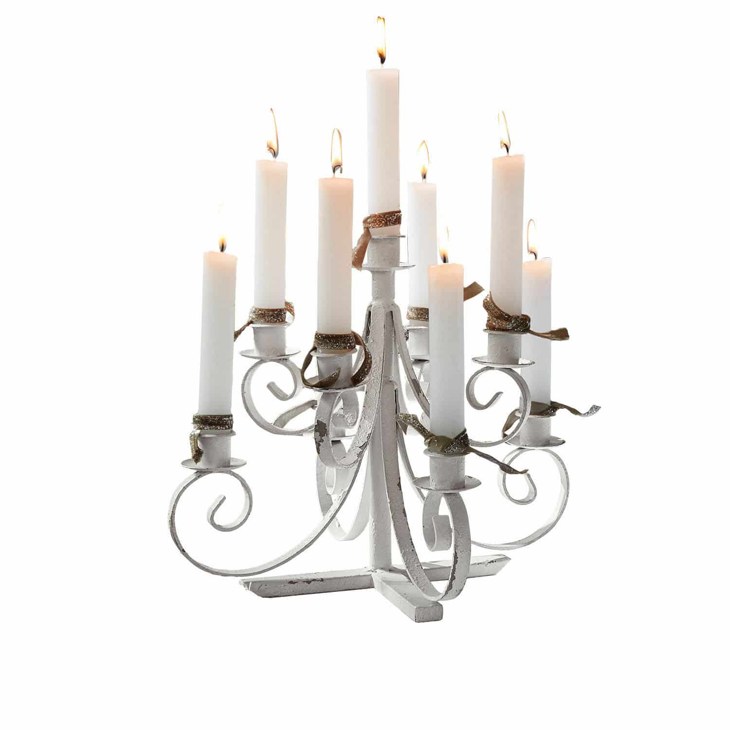 Portacandele Siolagh Candelabro in metallo bianco con nove candele accese, decorazione vintage per interni