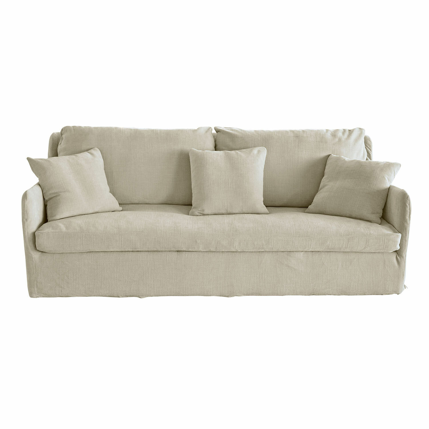 beige Divano Shadowfield beige in tessuto con tre cuscini, comodo e elegante per il soggiorno