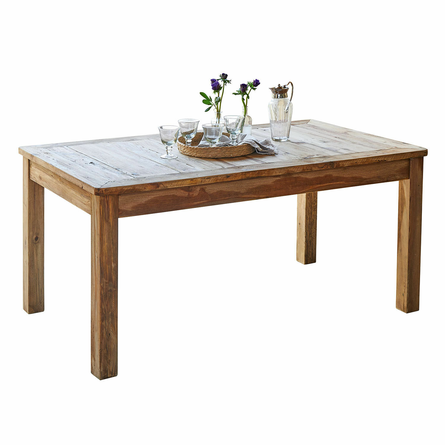 Tavolo Amherst Tavolo da pranzo in legno naturale con decorazioni di bicchieri e fiori sul piano