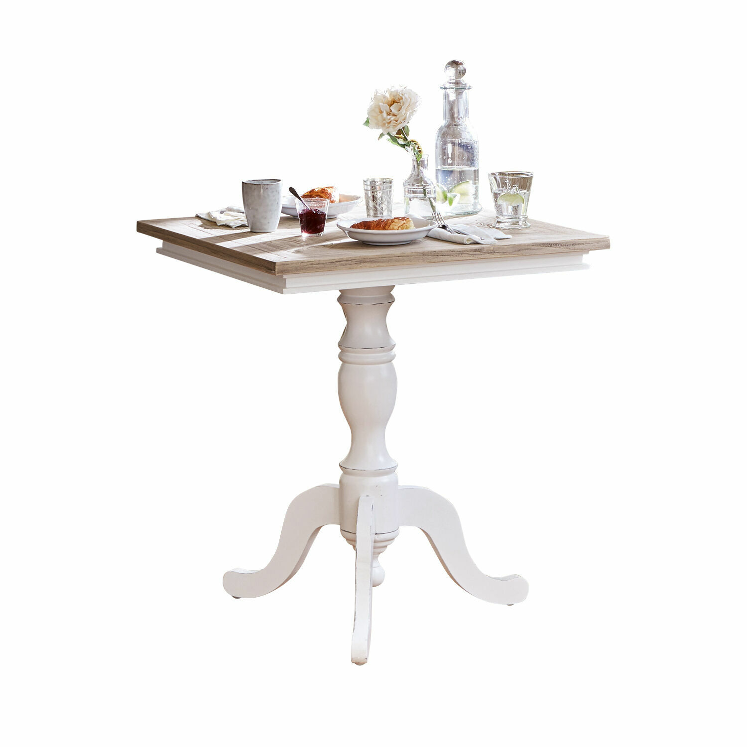 Tavolo Kingston Tavolo quadrato in legno con base bianca e piano naturale, stile rustico per sala da pranzo