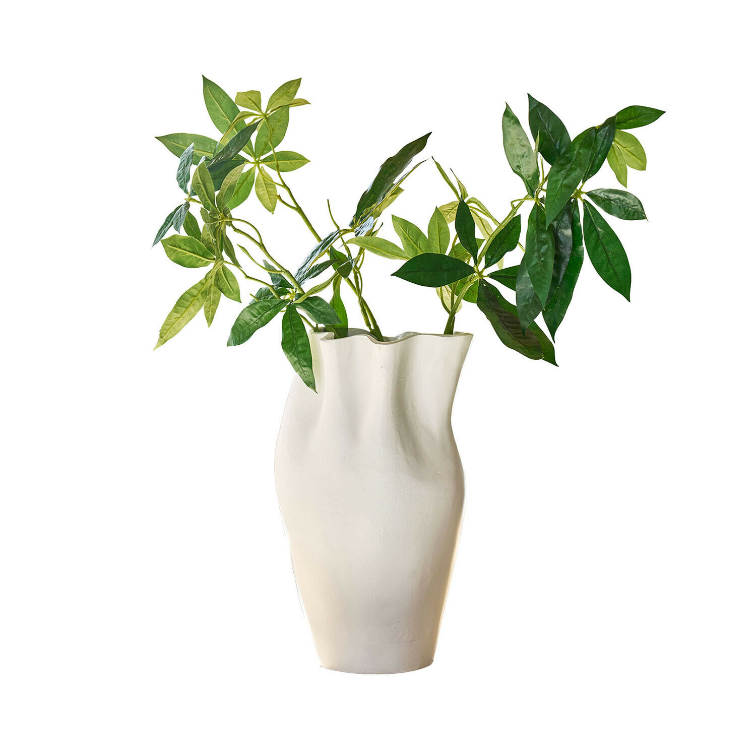 Vaso Palomira Vaso in ceramica bianca dalla forma irregolare con foglie verdi decorative