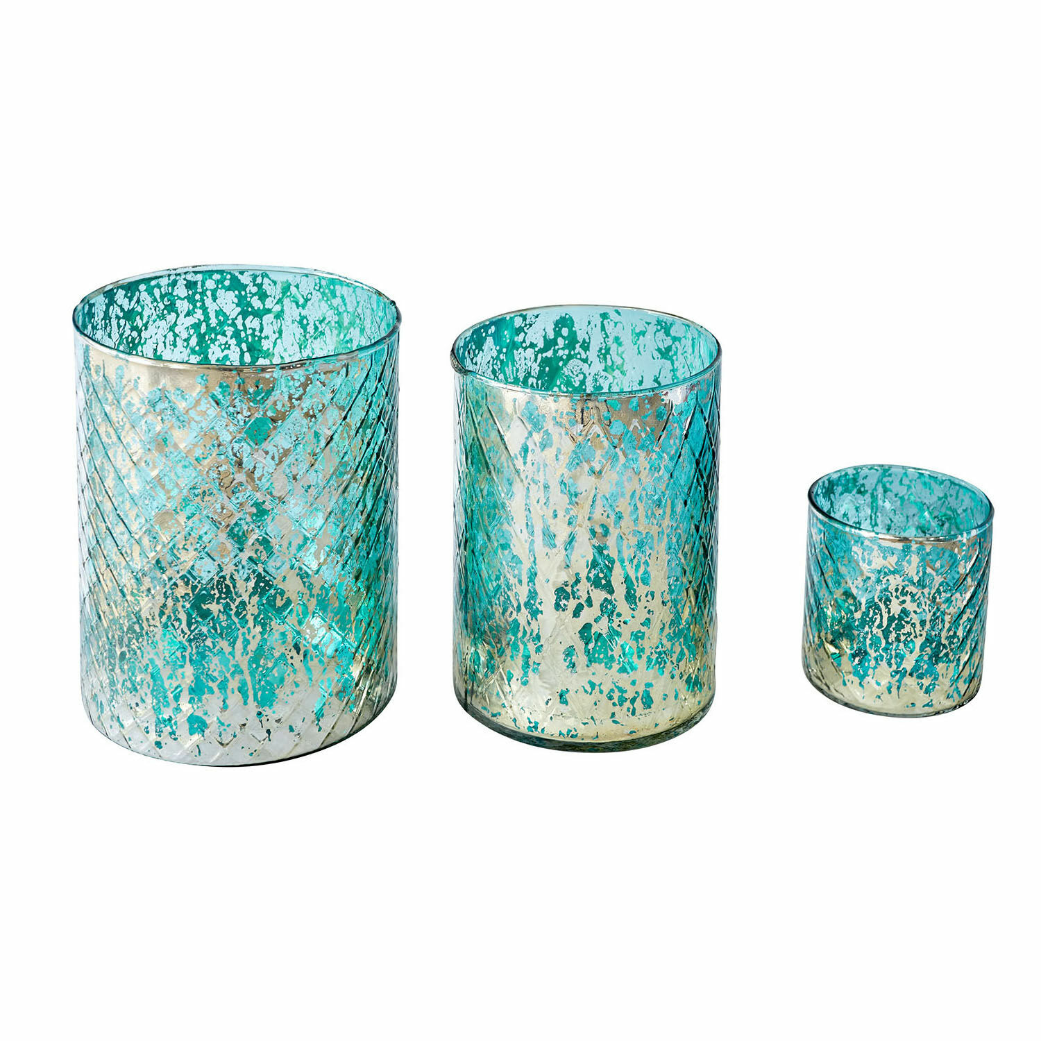 Set di 3 lanterne Firalen Set di tre portacandele in vetro turchese e oro con motivo decorativo