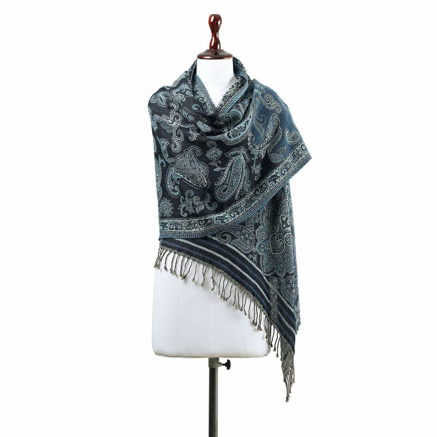 Sciarpa Eloas Sciarpa blu scuro con motivo paisley e frange, tessuto morbido, accessorio alla moda per giornate fresche