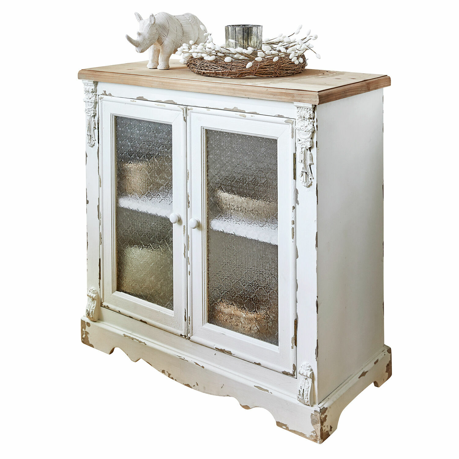 Mobile con ante in vetro South Yarmouth Credenza vintage bianca in legno con ante in vetro e piano naturale, mobile da soggiorno