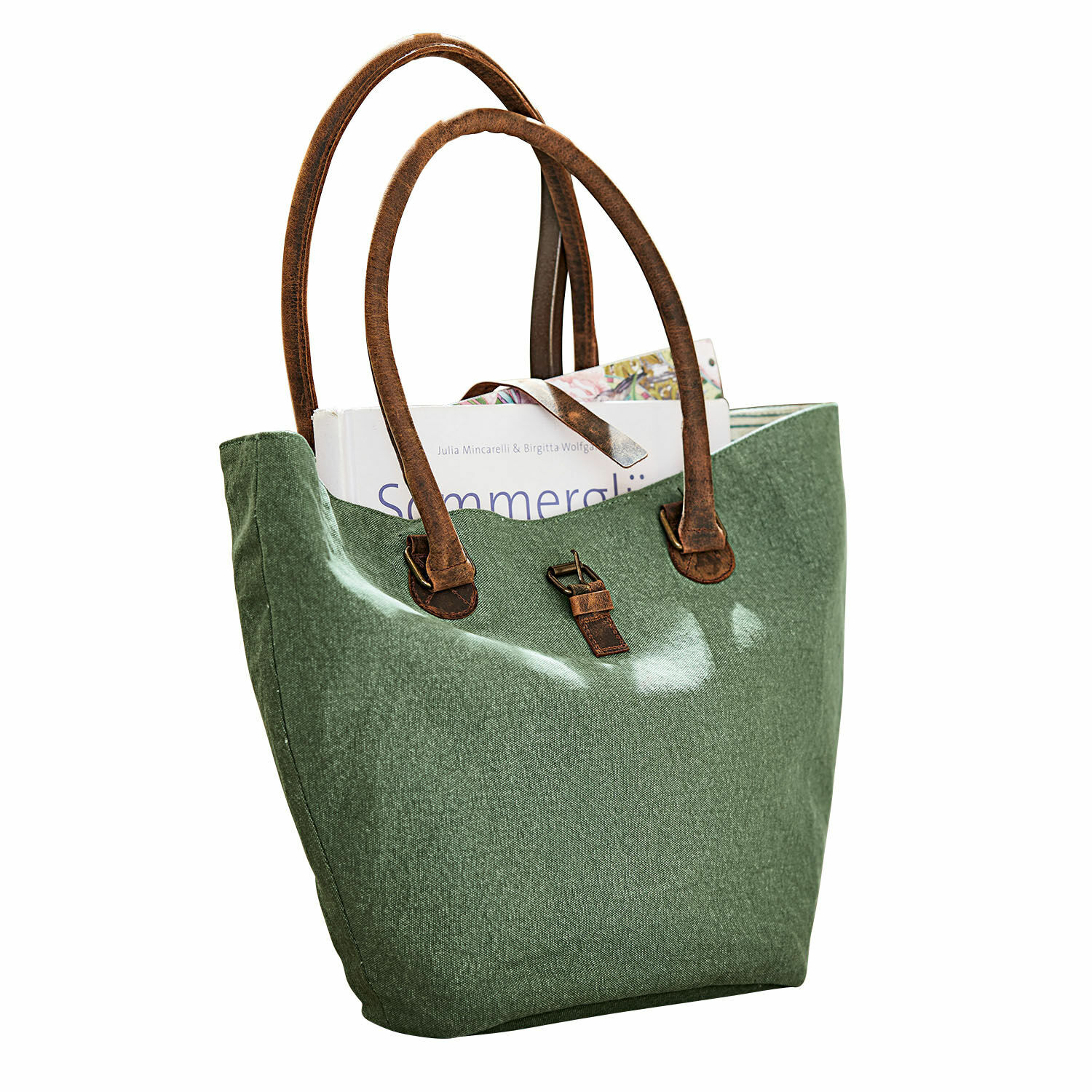Borsa Ambre Borsa verde in tessuto con manici marroni e fibbia, perfetta per libri e uso quotidiano