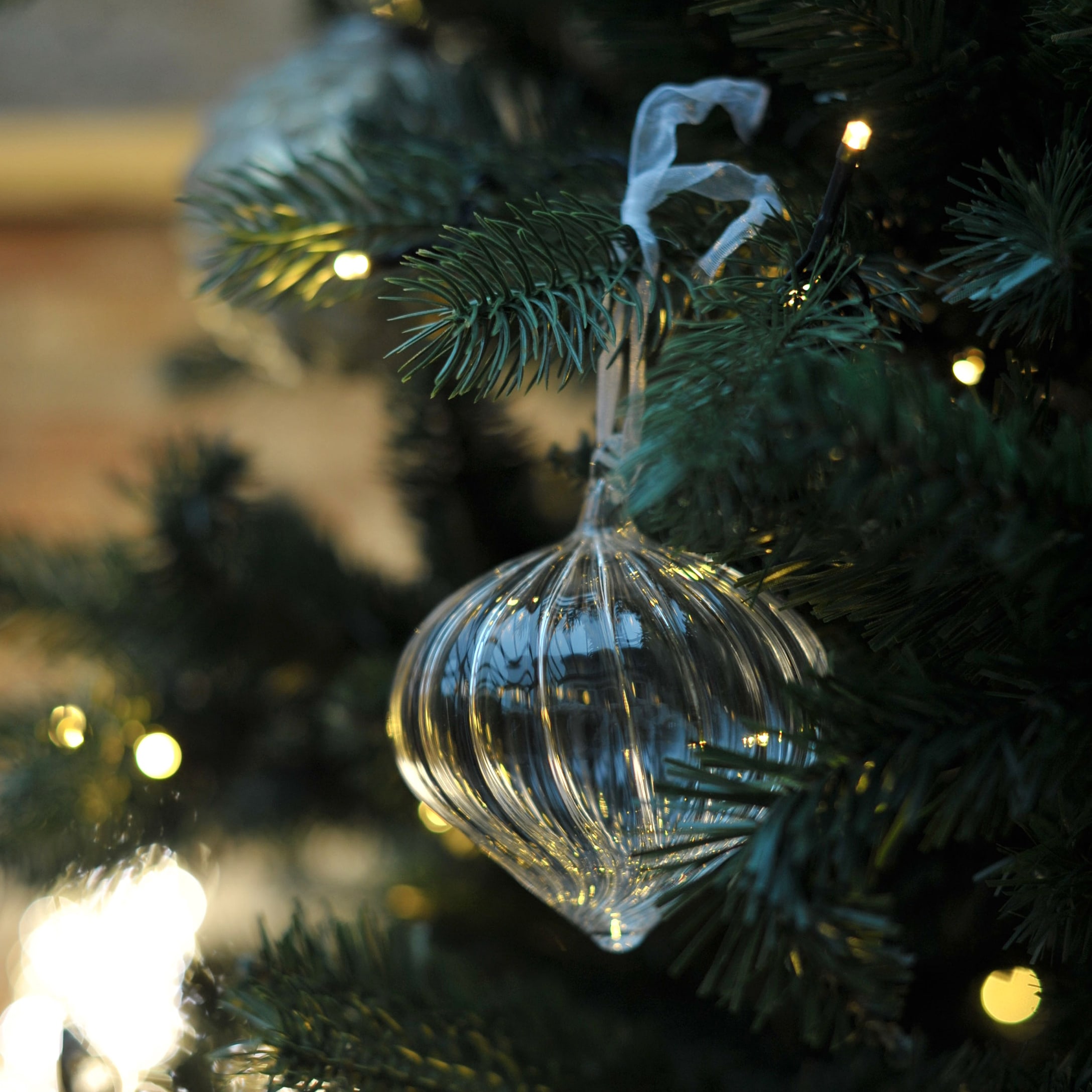 Decorazione natalizia in vetro trasparente a forma di cipolla appesa a ramo verde con luci di Natale