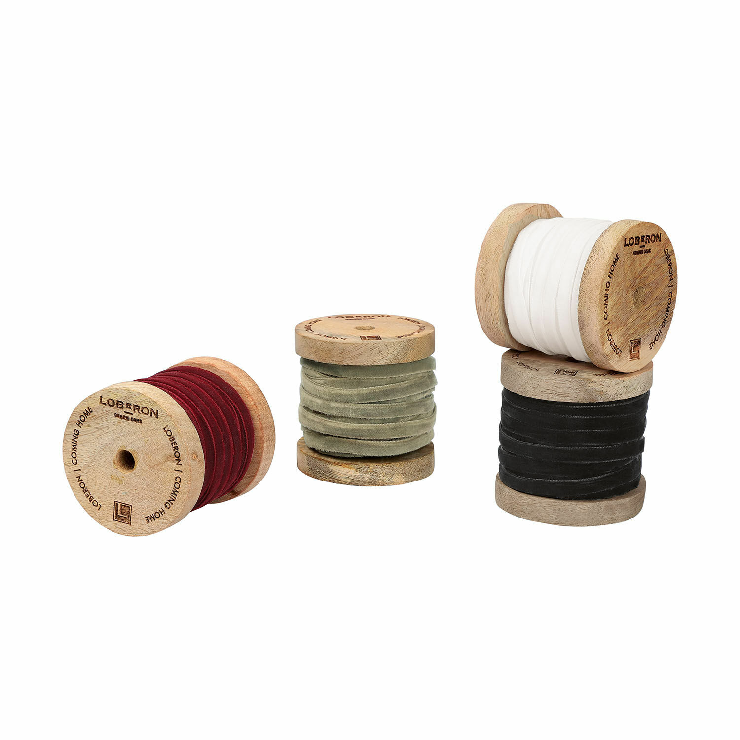 colorato Set di 4 nastri in velluto colorati su bobine di legno per decorazioni e fai-da-te