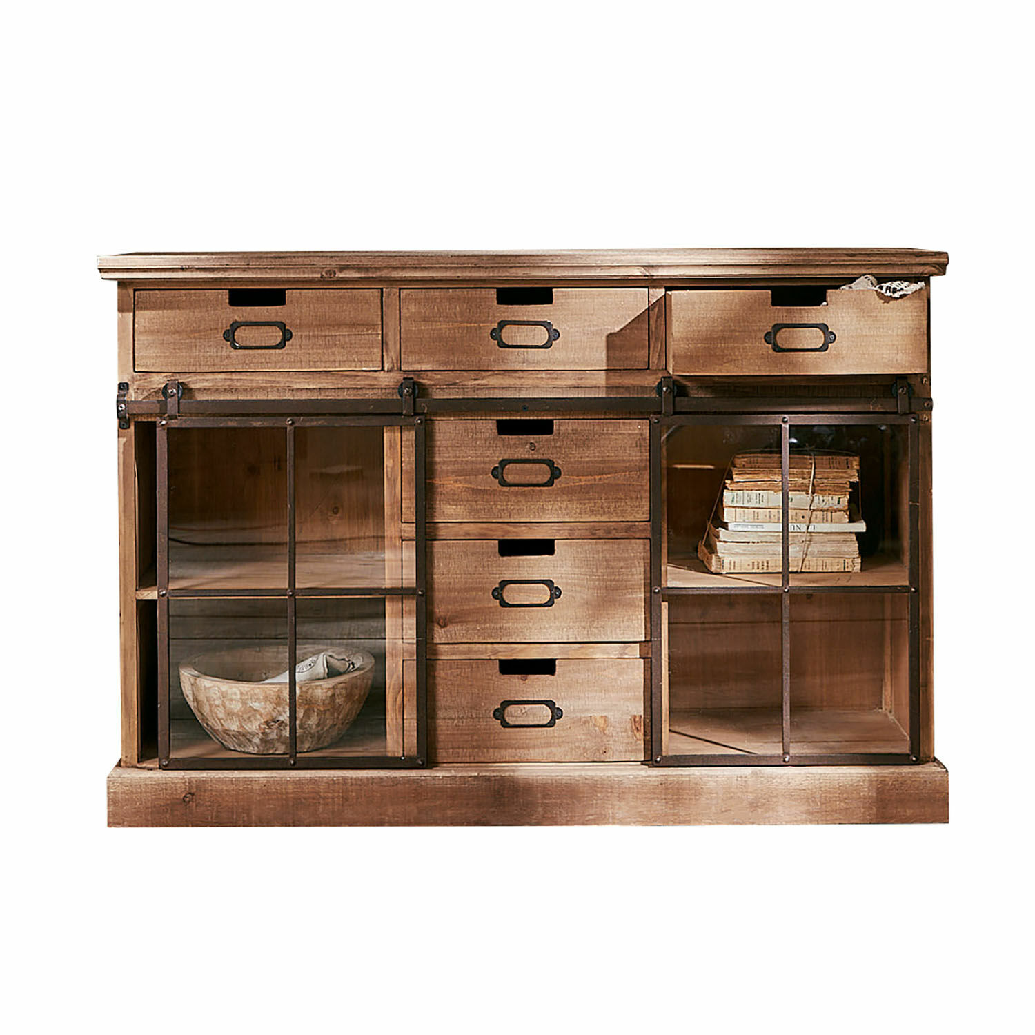 Credenza bassa Finegand Credenza in legno naturale con cassetti e ante in vetro, mobile rustico per riporre oggetti