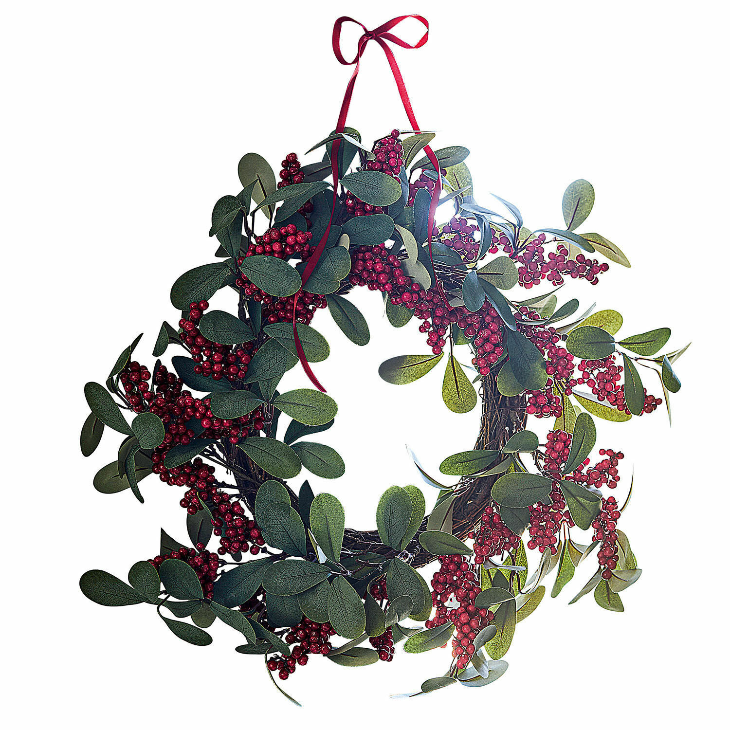 Ghirlanda Lenius Corona decorativa con foglie verdi e bacche rosse, nastro rosso per appendere