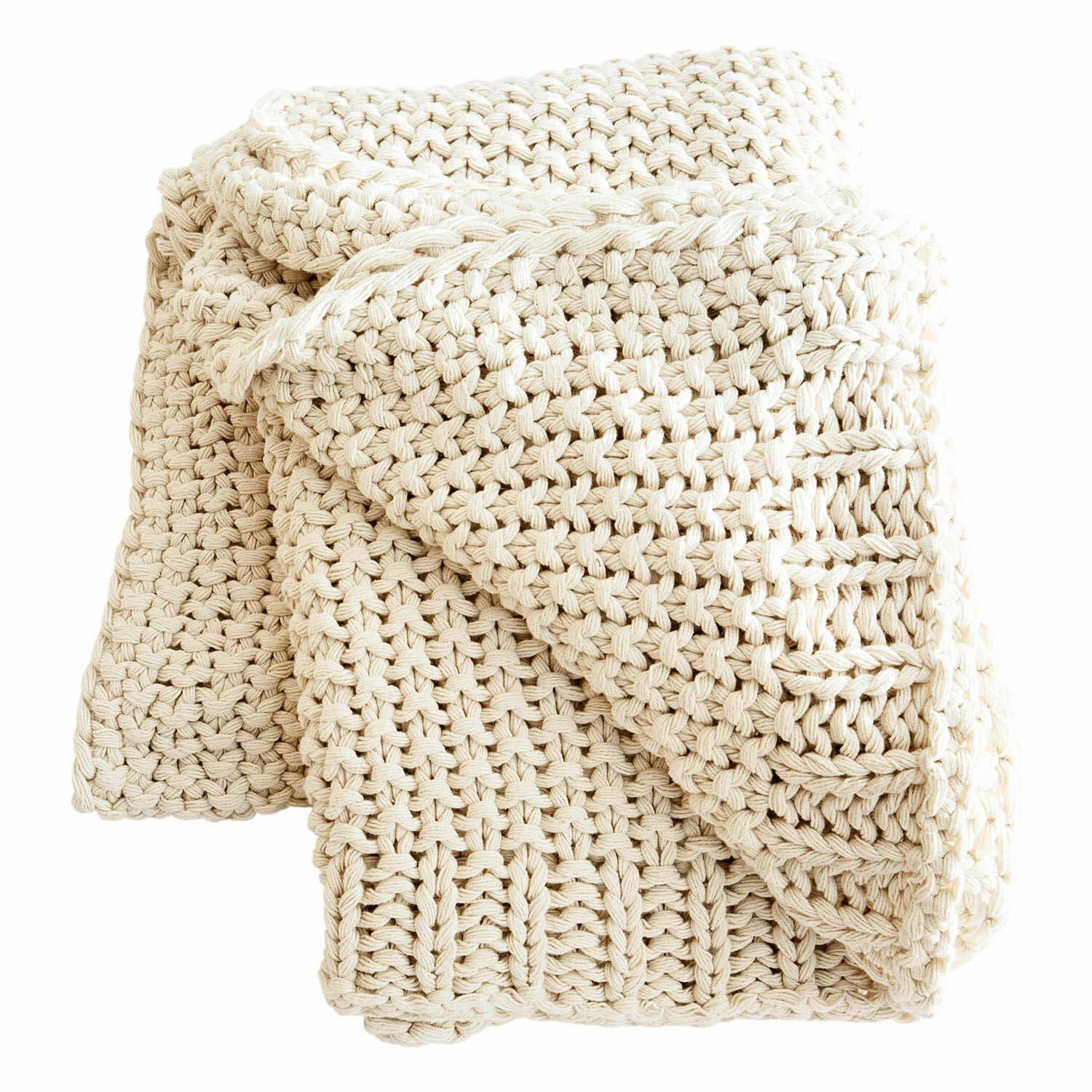 Plaid Plixoren Coperta spessa color crema in cotone lavorata a maglia a mano con texture morbida per arredamento