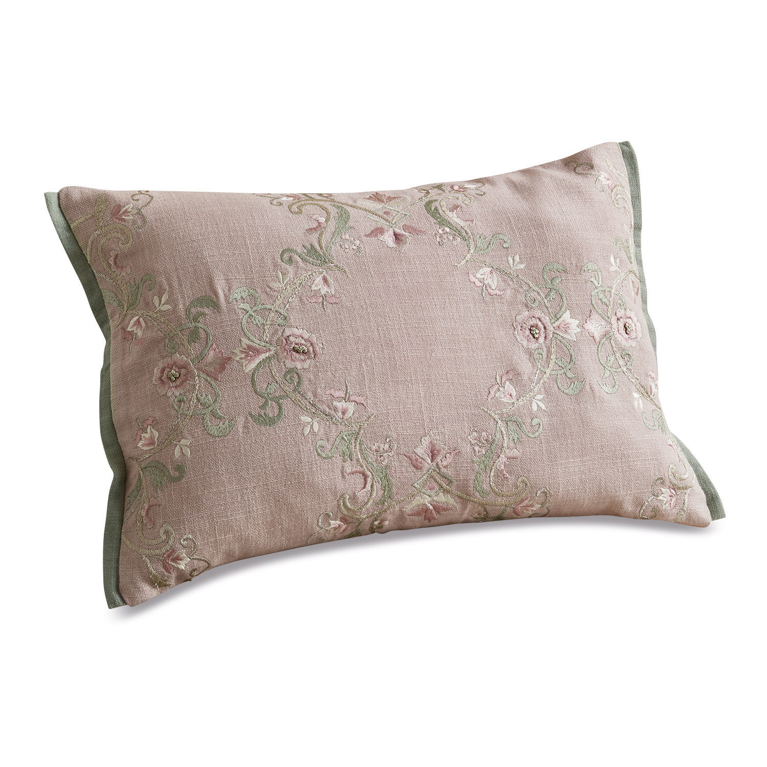 Cuscino rosa in lino con ricamo floreale e bordo verde per elegante decorazione d'interni