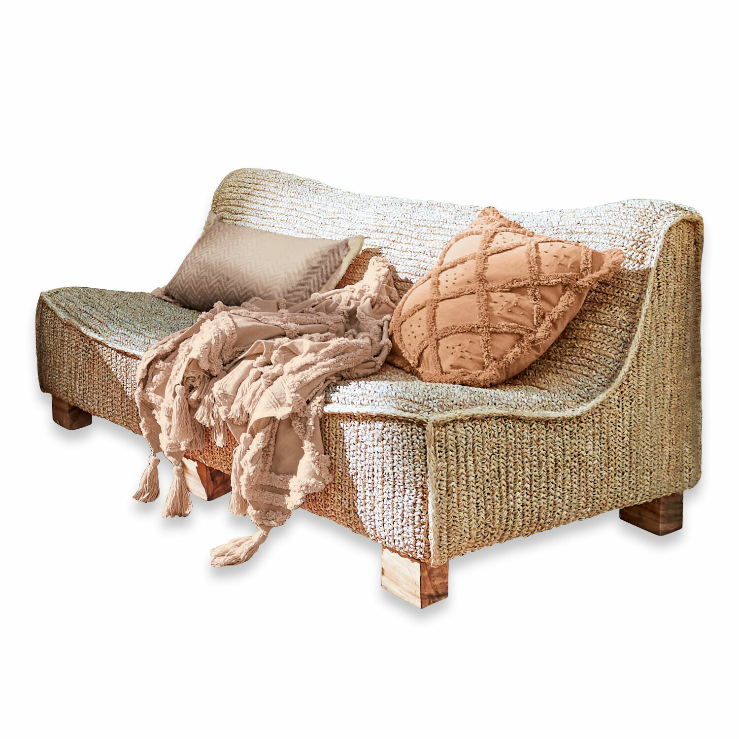 Divano Bocage Divano in rattan intrecciato colore naturale con coperta beige e cuscini per soggiorno