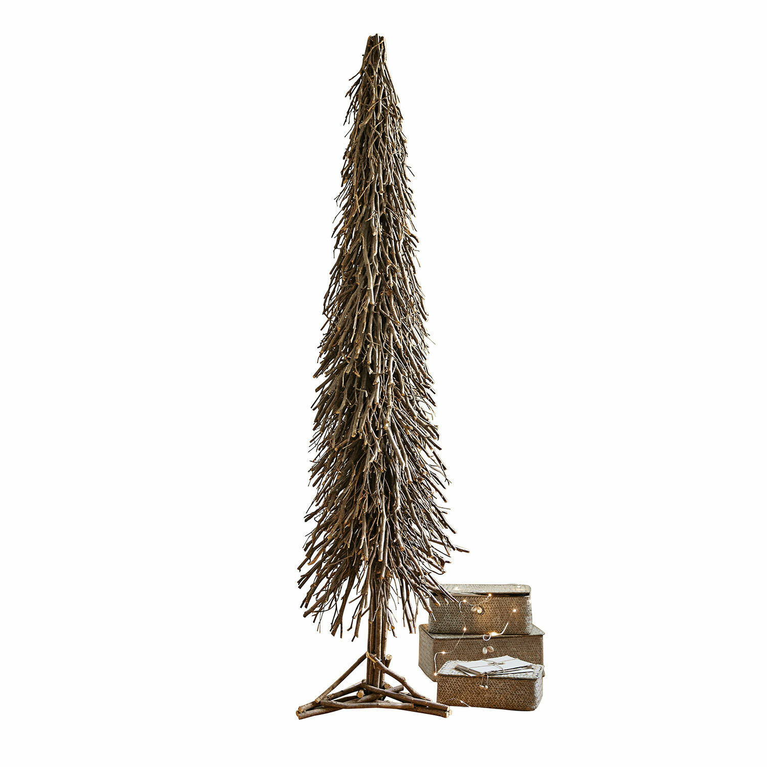 Albero decorativo Sullivan Alto albero decorativo in rami naturali marroni con scatole regalo abbinate