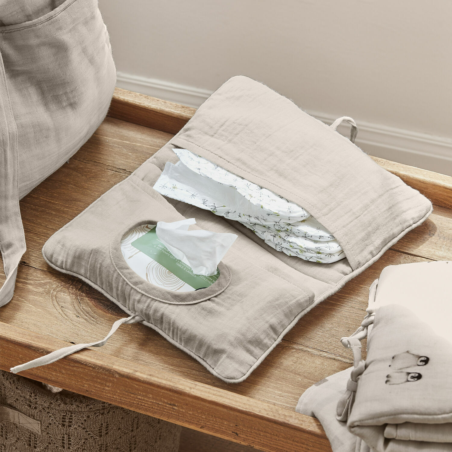 Porta salviette umidificate Mireval Organizer beige in cotone per pannolini e salviette, pratico per il cambio del neonato