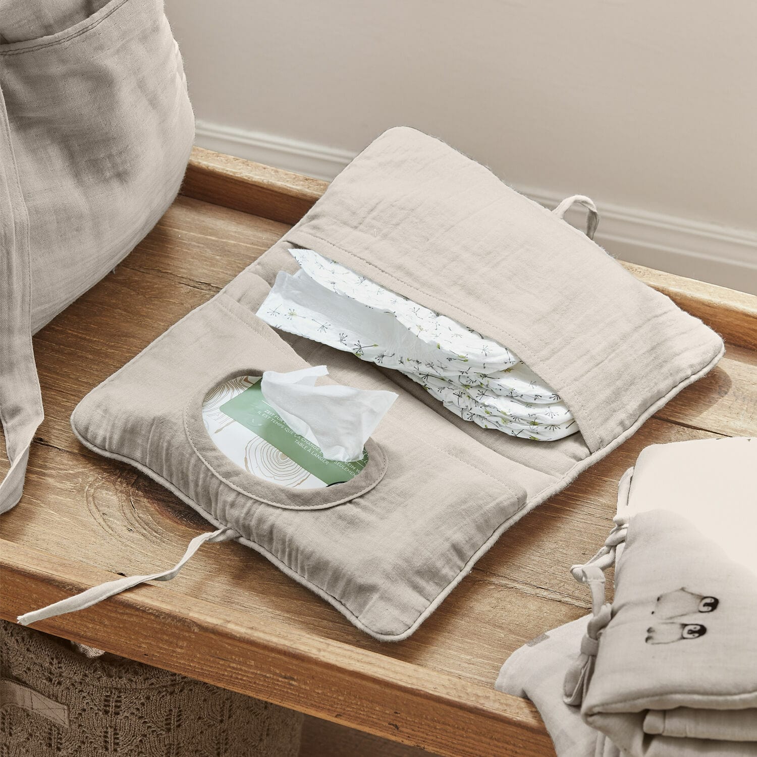 Porta salviette umidificate Mireval Organizer beige in cotone per pannolini e salviette, pratico per il cambio del neonato