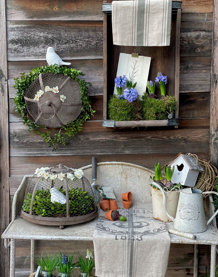 Tavolo da giardino rustico in metallo con decorazioni di piante verdi e fiori blu in vaso