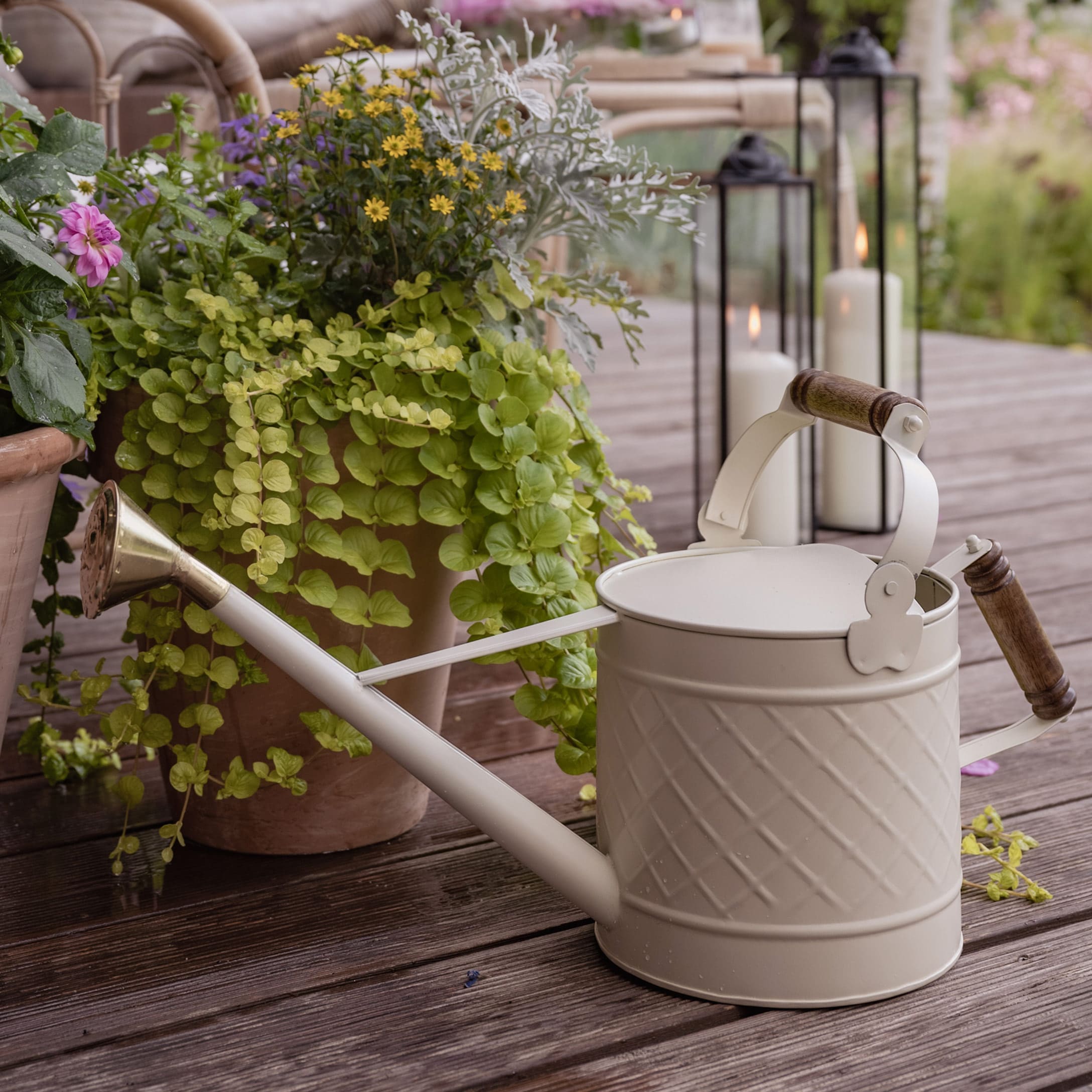 Annaffiatoio in metallo beige con manici in legno su terrazza in legno accanto a piante verdi