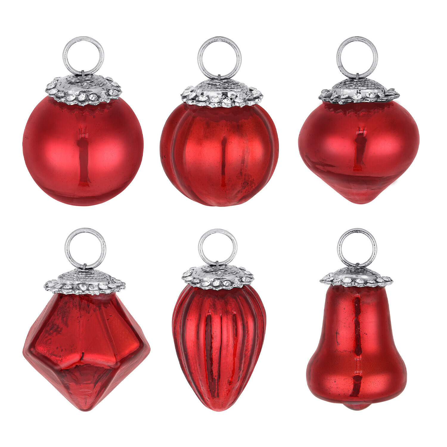Set di 6 decorazioni natalizie rosse in vetro con diverse forme e ganci metallici