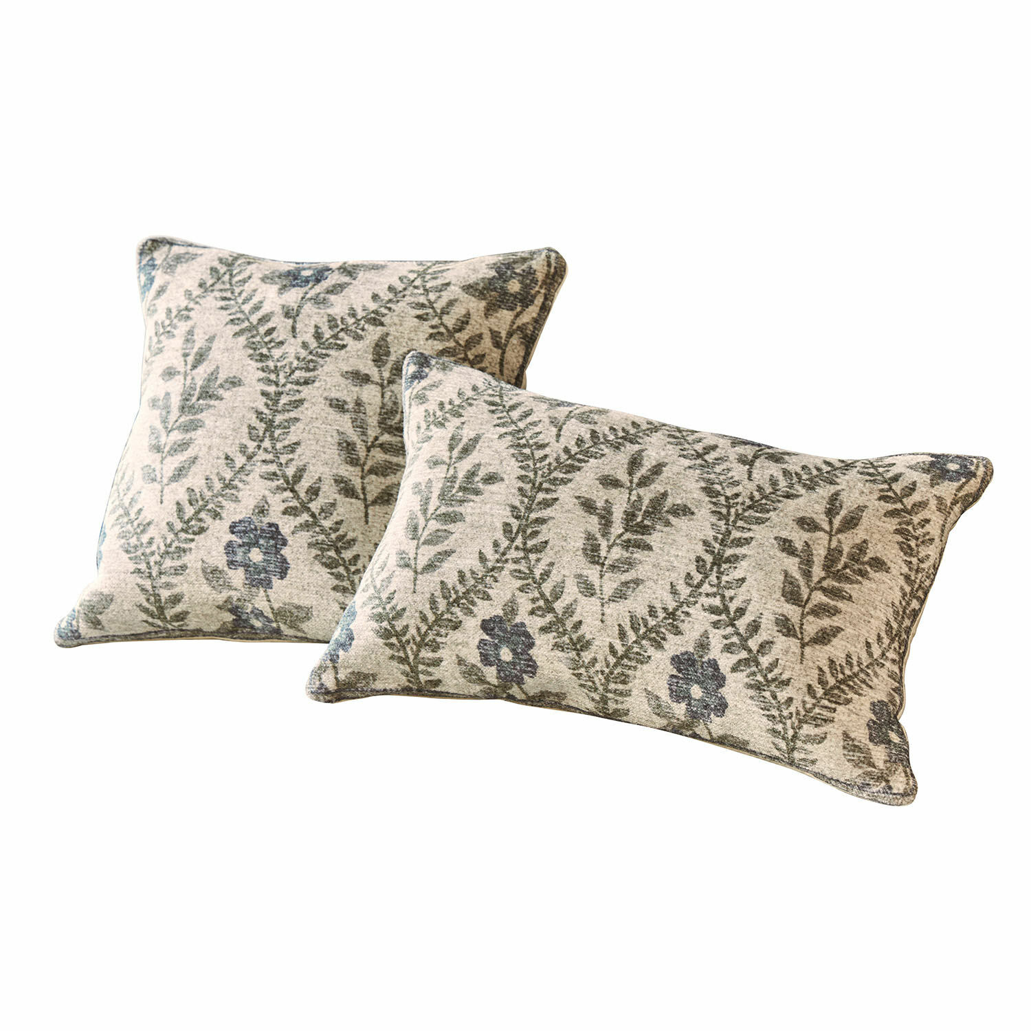Coppia di copricuscini Vellouris Set di due cuscini decorativi in cotone beige con motivi vegetali verdi e blu per soggiorno