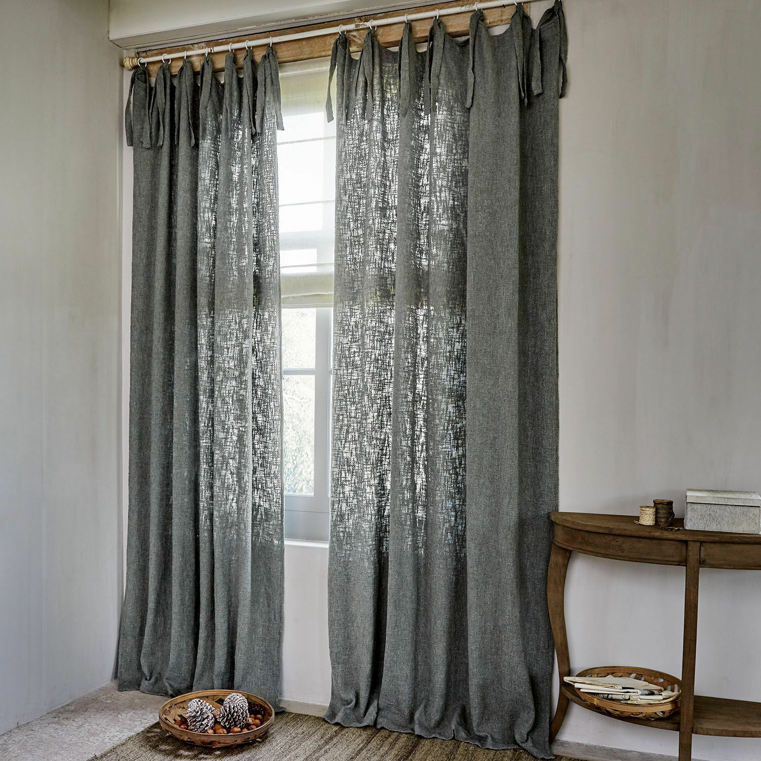 Tenda Pont-Arcy Tende in lino grigio con lacci annodati, leggermente trasparenti, decorazione finestra per soggiorno