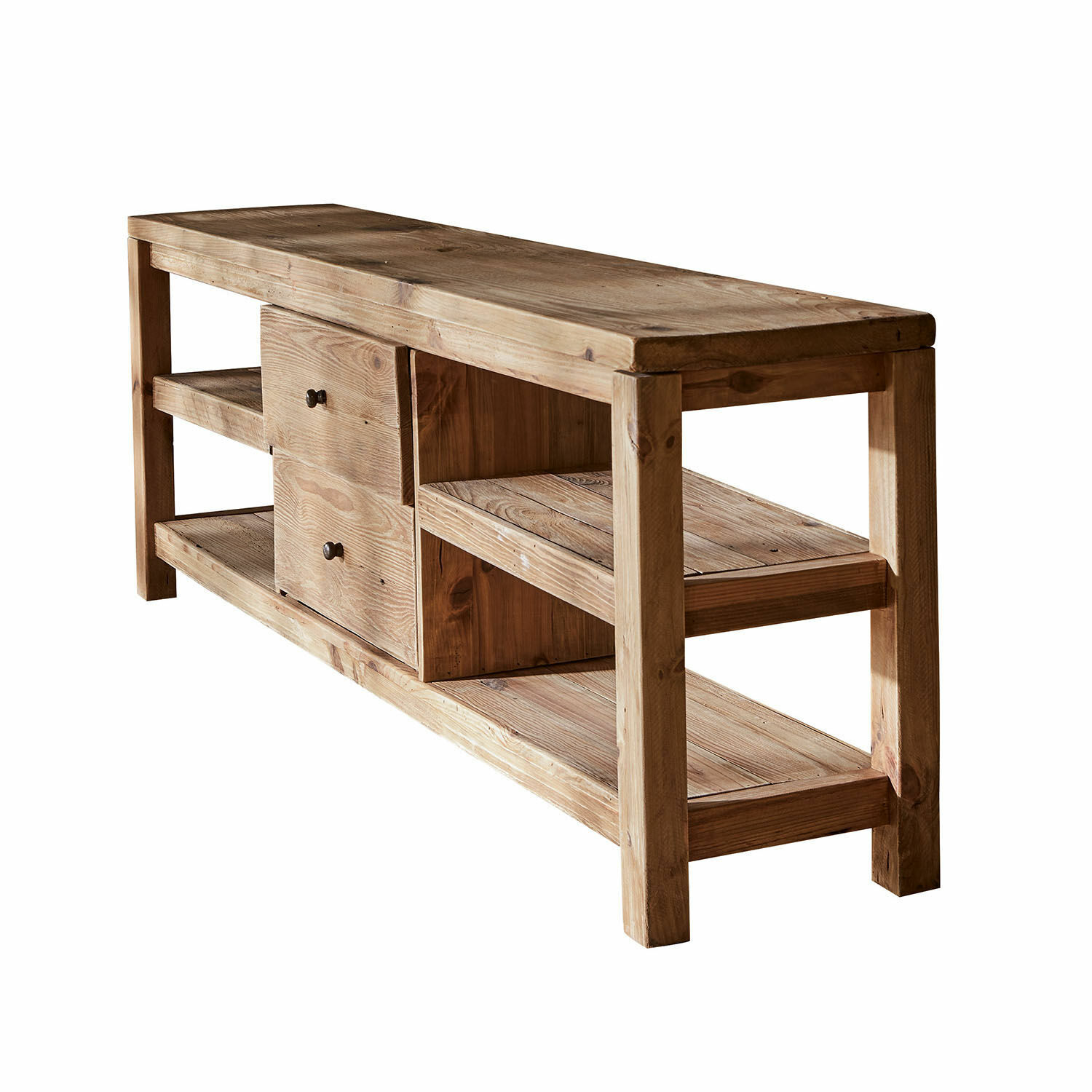 Credenza bassa Ainvelle Tavolino in legno naturale con ripiani e cassetti, mobile in legno massello per soggiorno