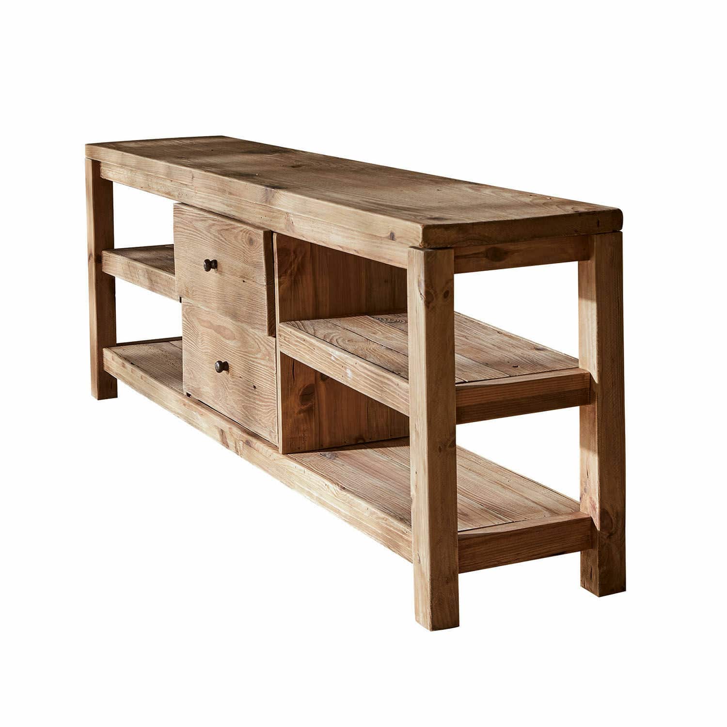 Credenza bassa Ainvelle Tavolino in legno naturale con ripiani e cassetti, mobile in legno massello per soggiorno