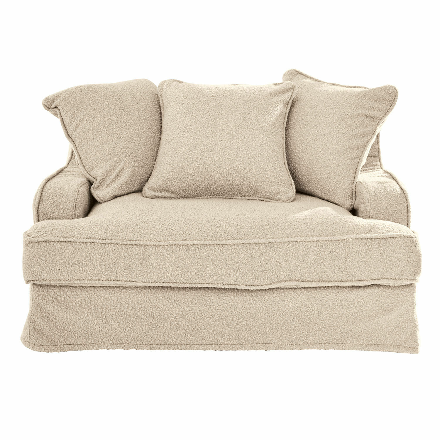 beige Divano Monaco beige in tessuto morbido con tre cuscini, comodo per il soggiorno