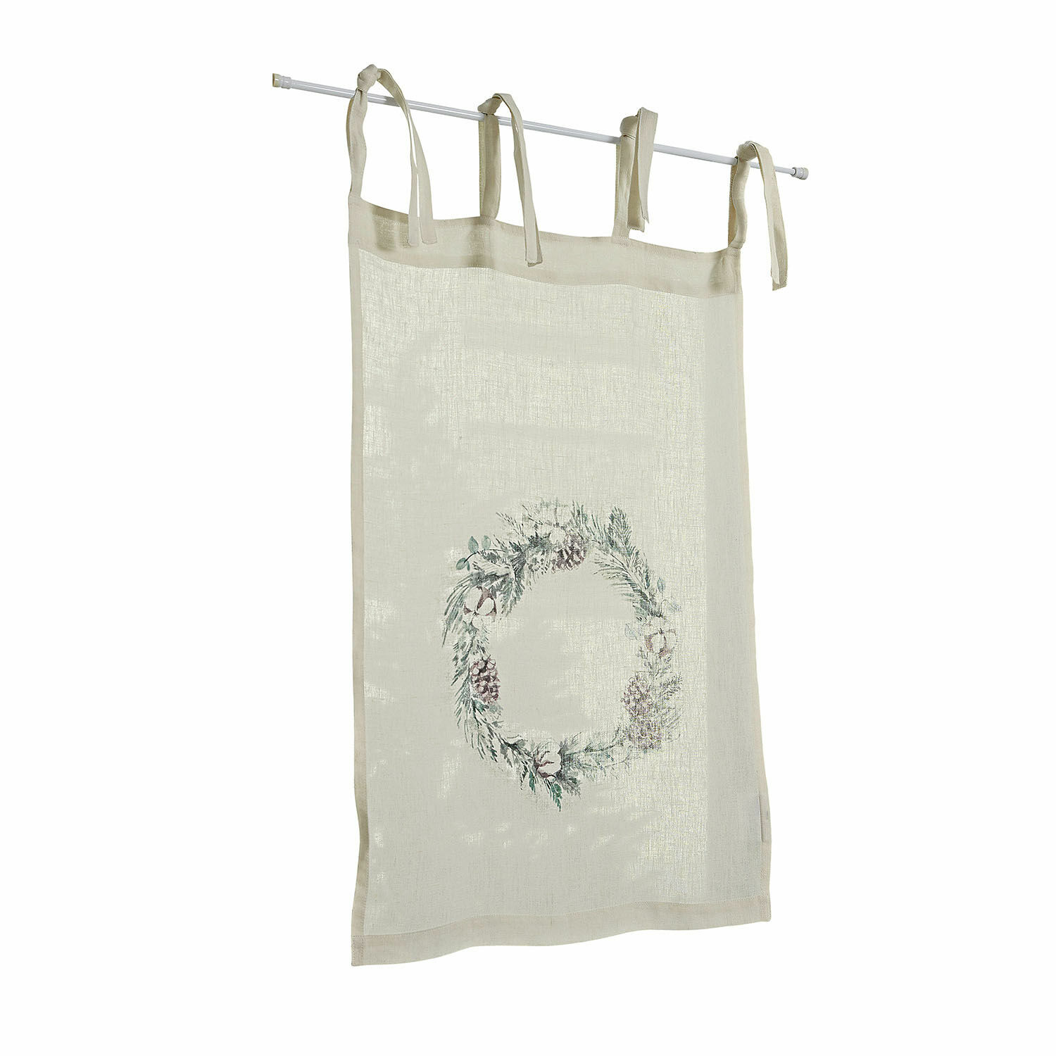 Tendina a vetro Torge Tenda in lino beige con corona decorativa di pigne e rami, stile rustico