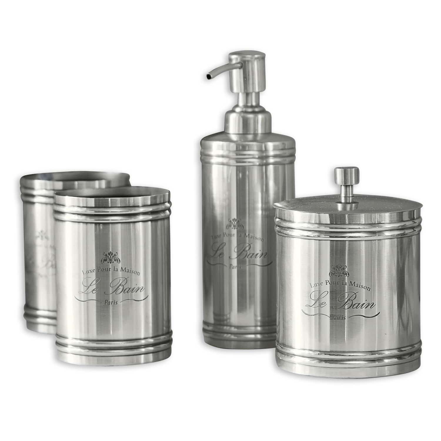 Set per bagno Le Bain Set bagno in acciaio inox argento con dispenser e contenitori per cosmetici