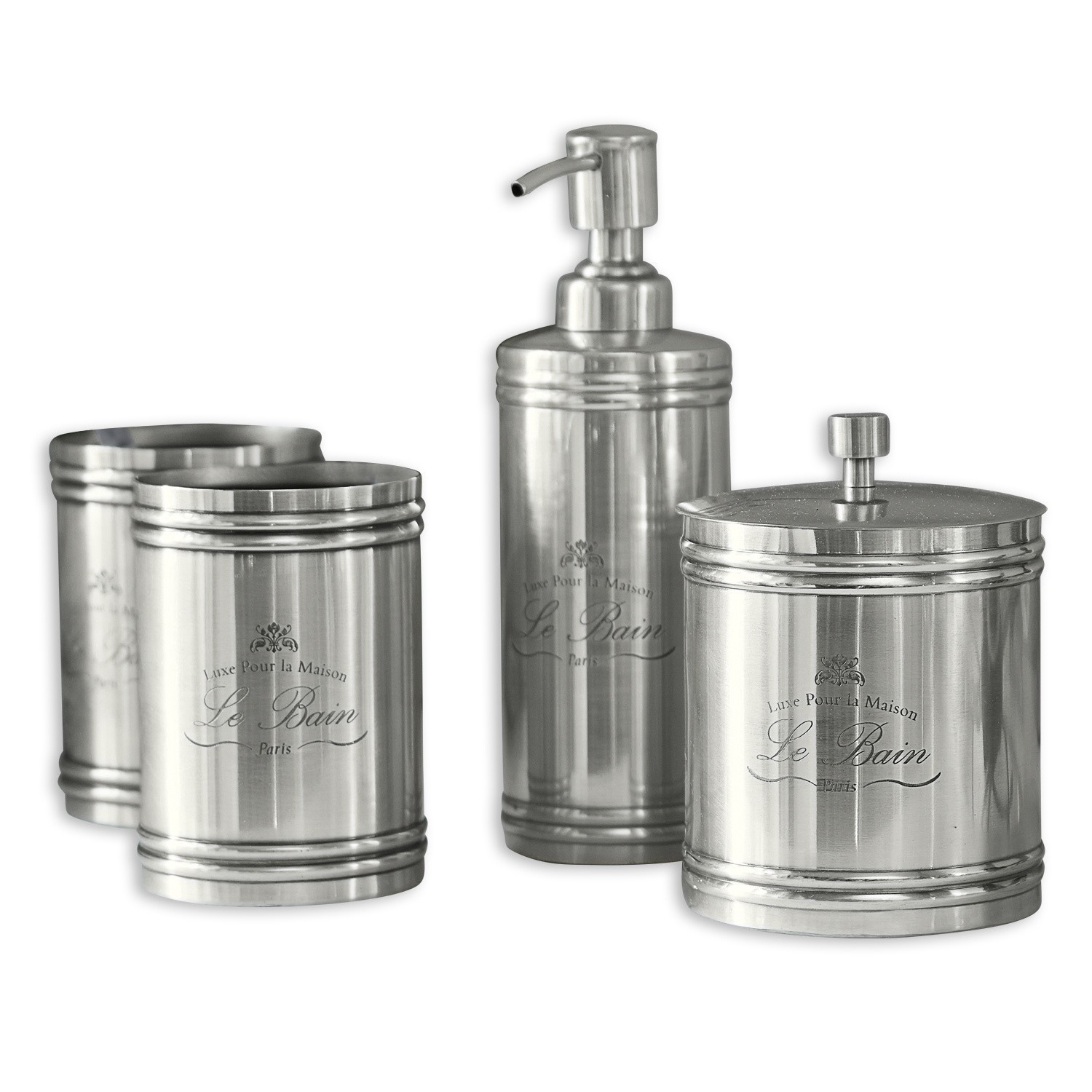 Set per bagno Le Bain Set bagno in acciaio inox argento con dispenser e contenitori per cosmetici