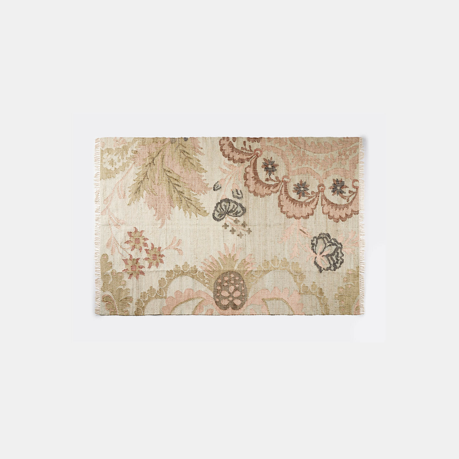 Tappeto Amélorie Tappeto in cotone beige con motivi floreali rosa, decorativo e morbido per soggiorno
