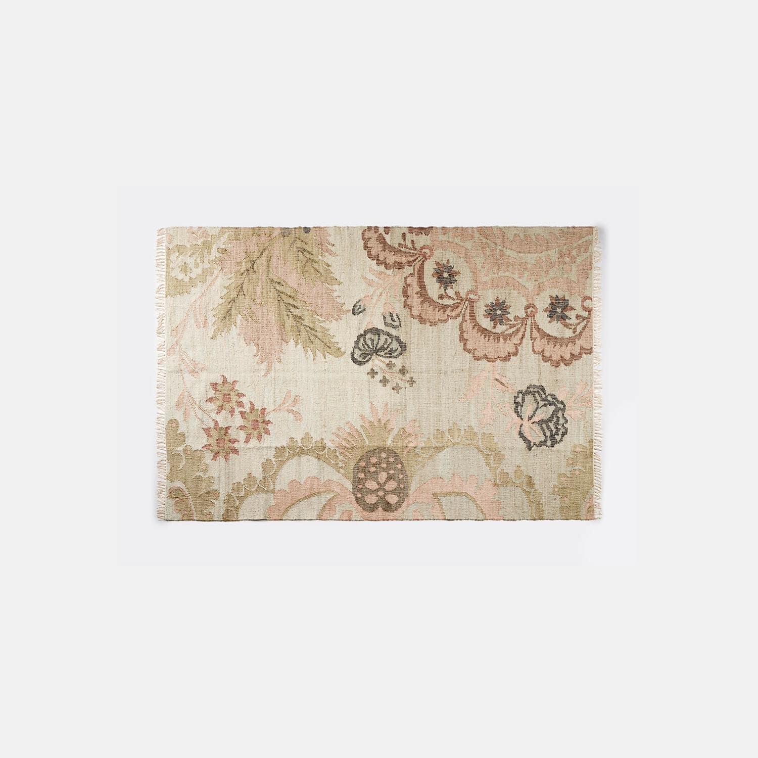Tappeto Amélorie Tappeto in cotone beige con motivi floreali rosa, decorativo e morbido per soggiorno