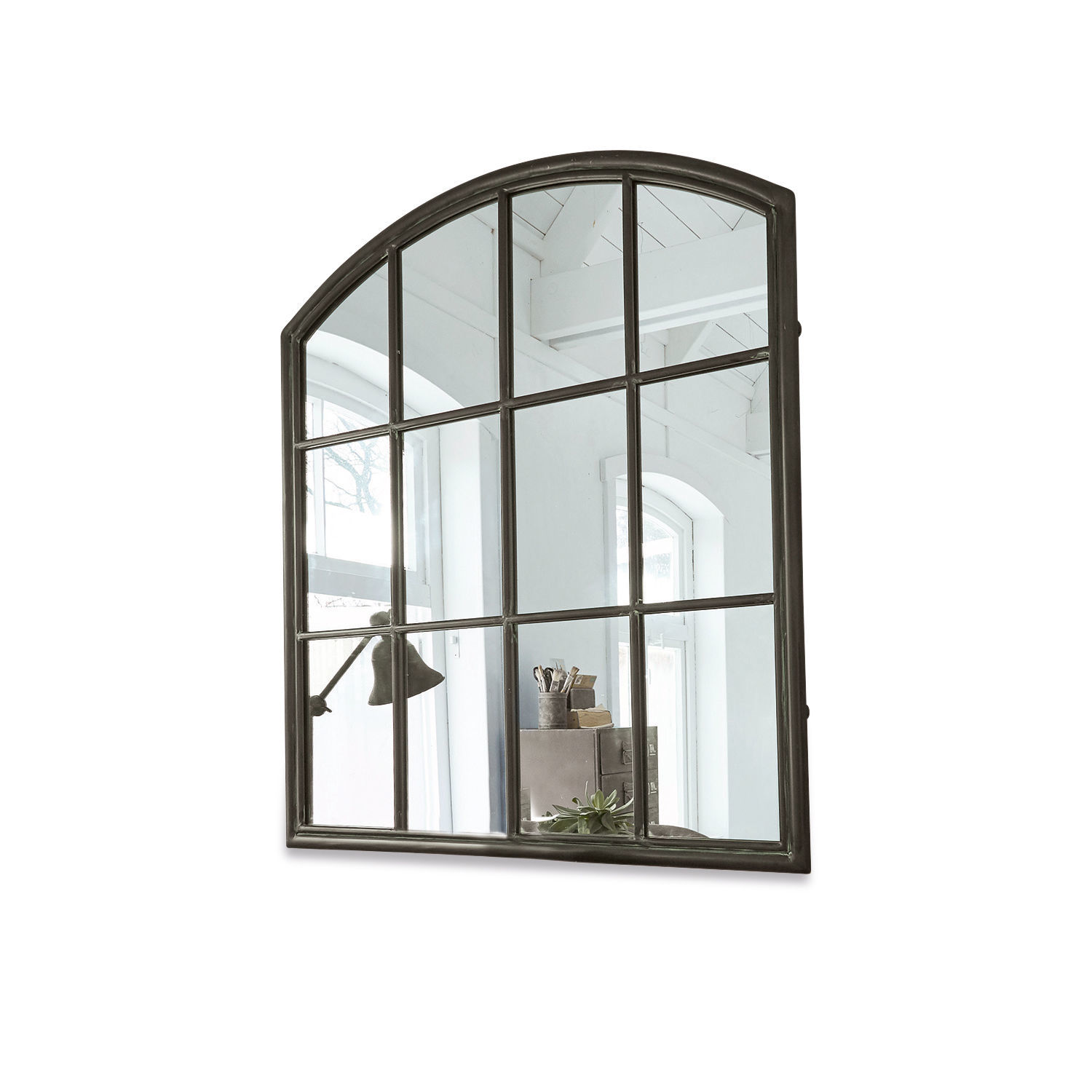 Specchio Chloe Specchio da parete con cornice in metallo antracite, forma ad arco e suddivisione quadrata decorativa